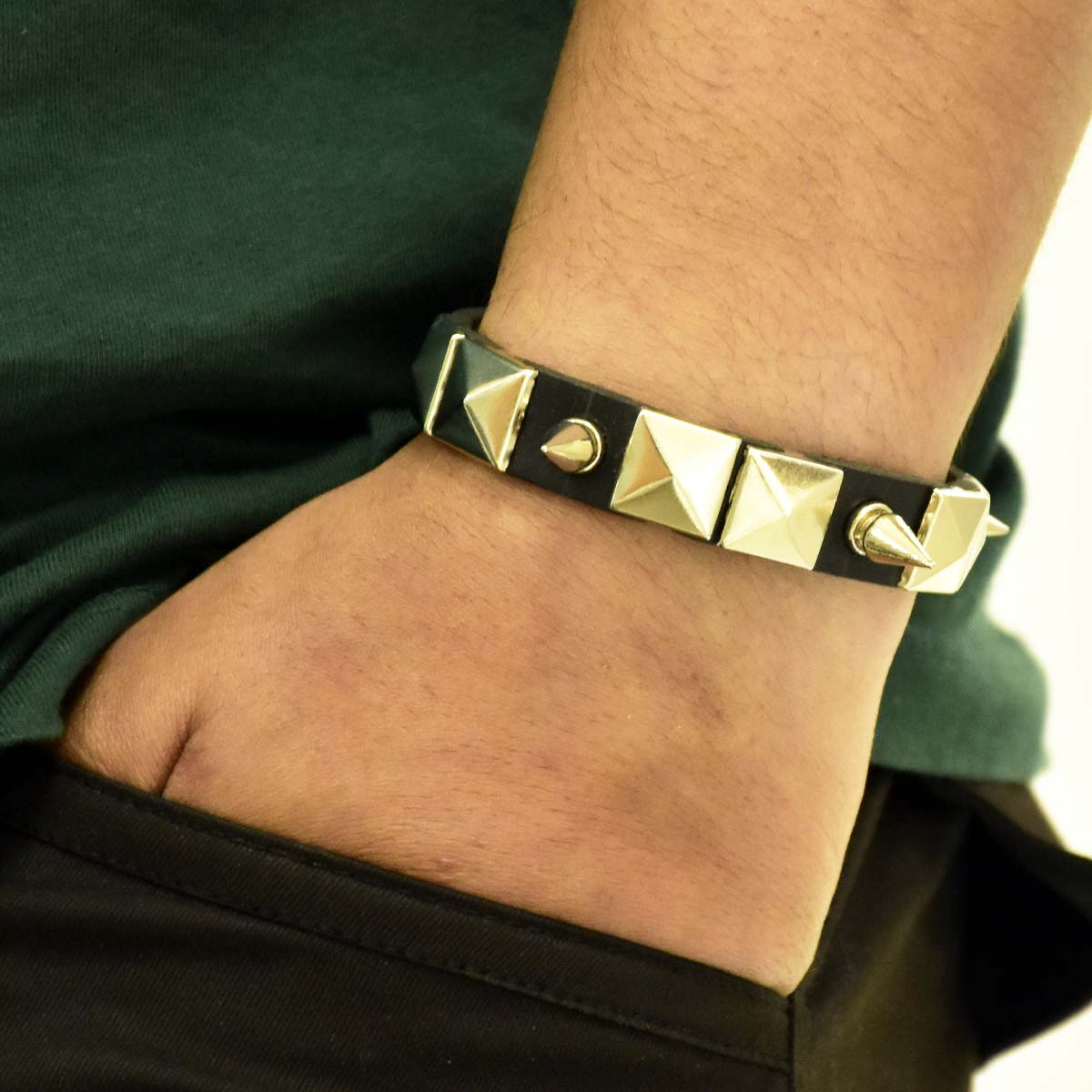 Pyramid Rockstud Black Leather Style Bracelet For Men