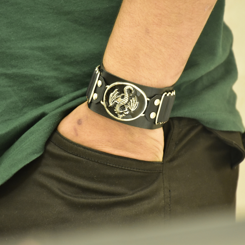 Dragon Emblem Leather Stylish Wristband for Men