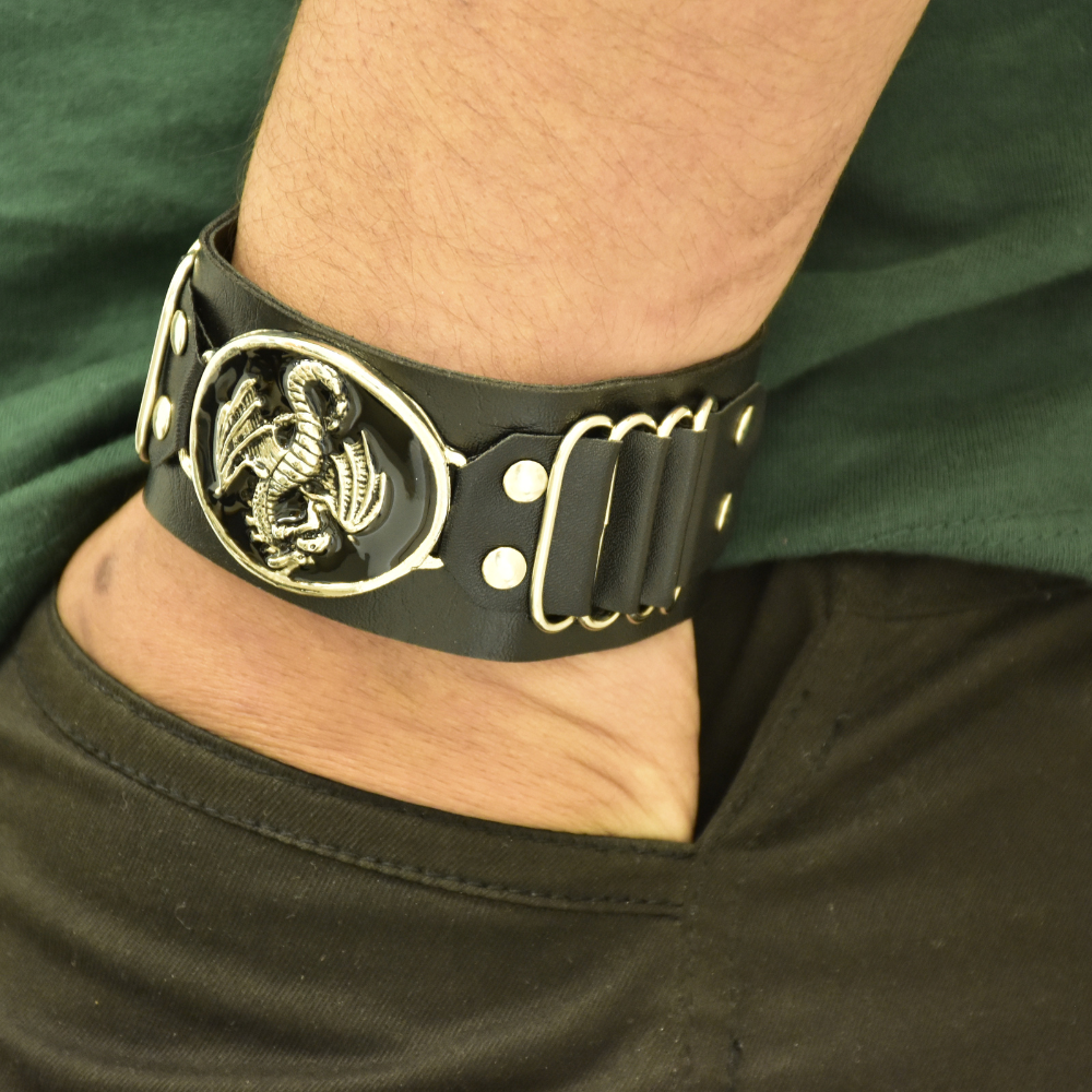 Dragon Emblem Leather Stylish Wristband for Men