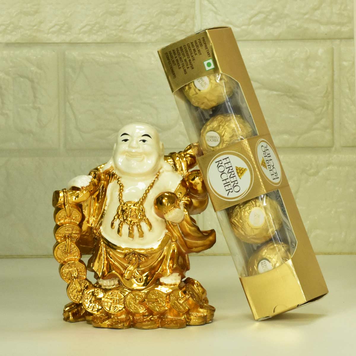 Lucky Laughing Buddha with Ferrero Rocher Chocolates – Resin Figurine Gift Combo