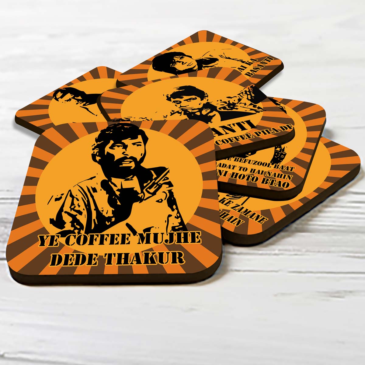 Classic Bollywood Blockbuster Actor With Famous Dialogue Printed Coasters Set of 6
