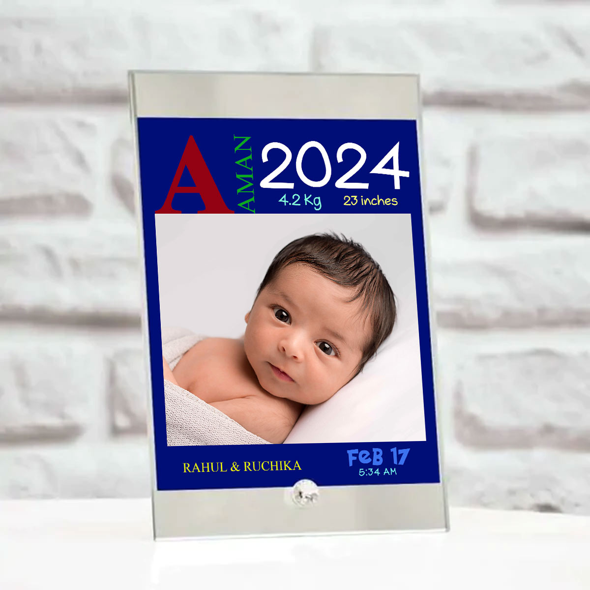 Personalised Baby Boy Birth Details Glass Frame