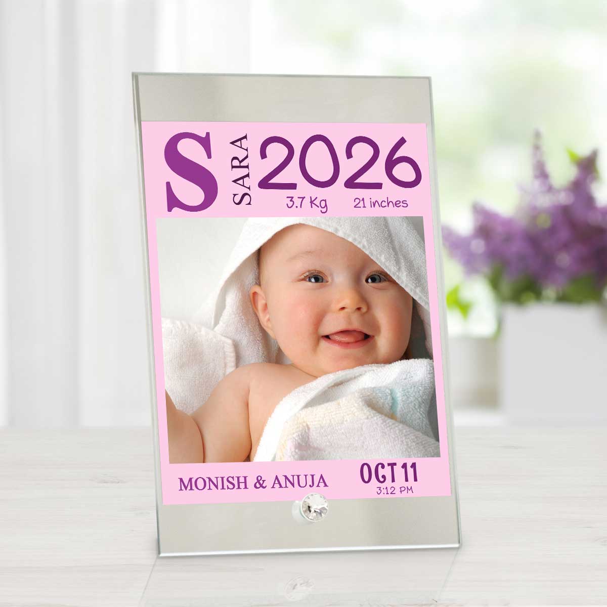 Personalised Baby Girl Birth Details Glass Frame