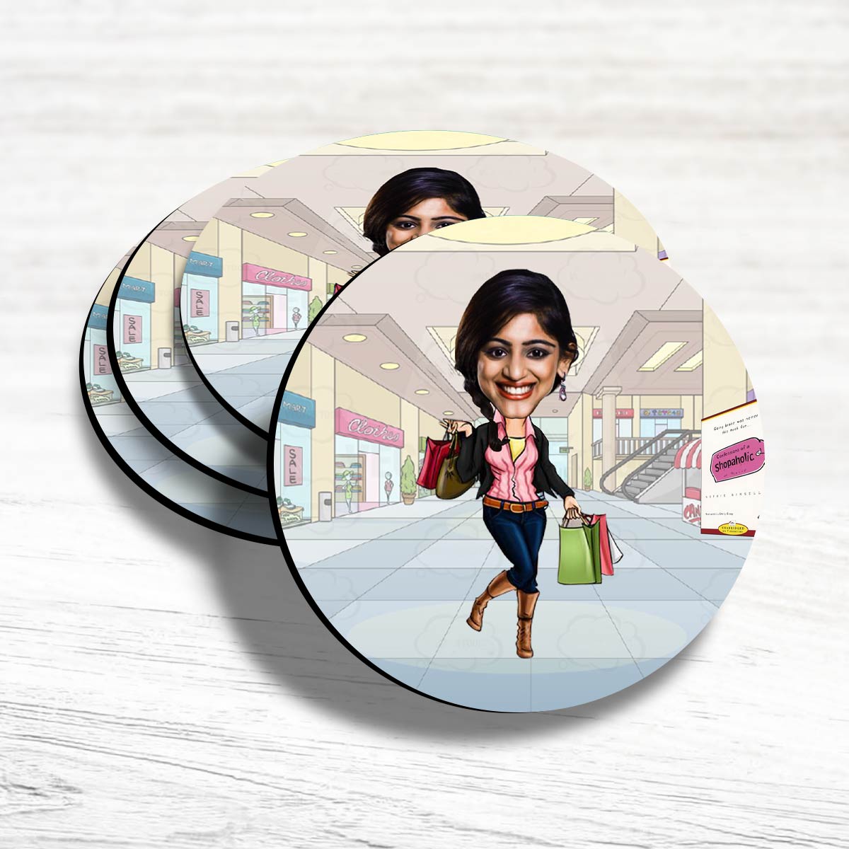 Personalised Shopoholic Caricature Coasters - Set of 4