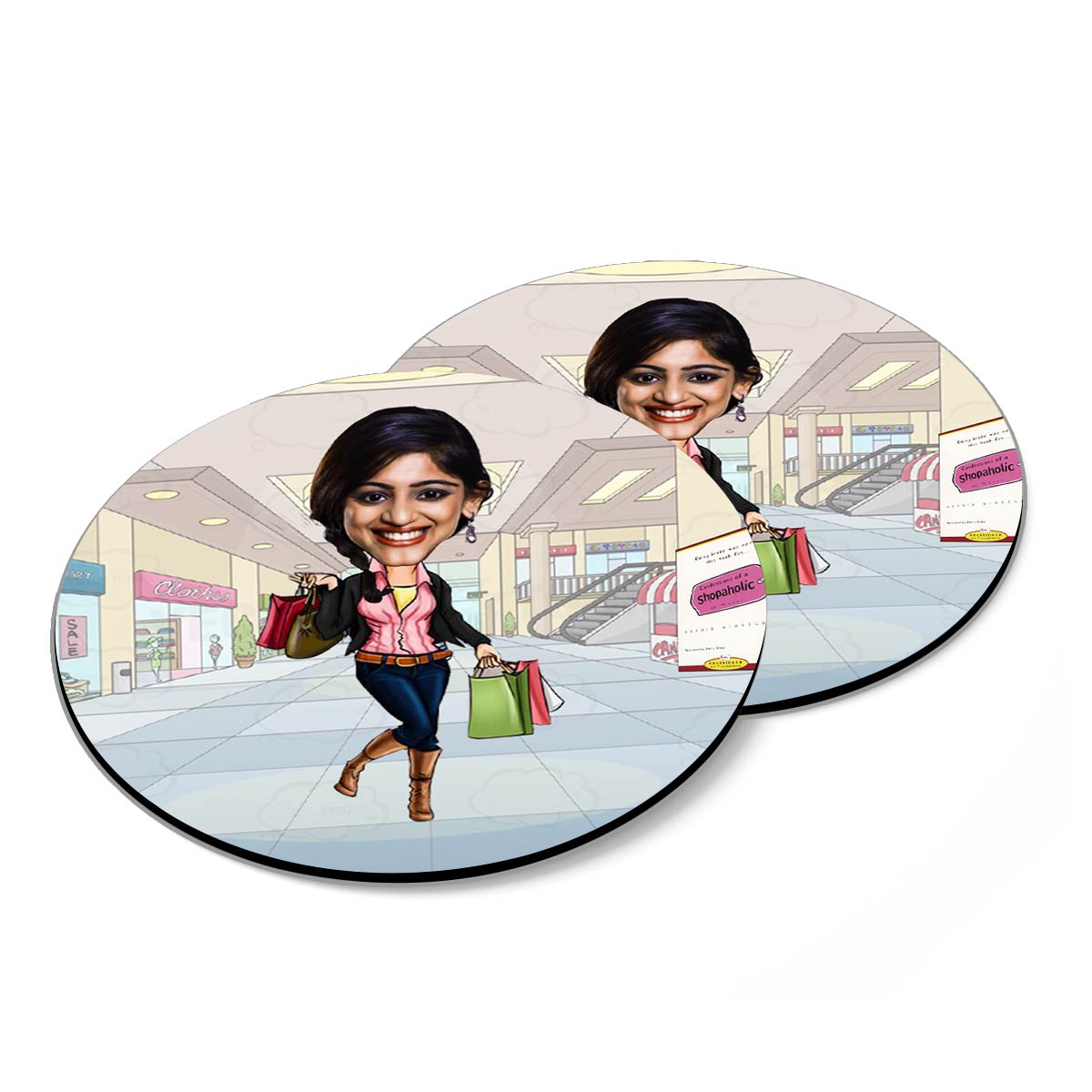 Personalised Shopoholic Caricature Coasters - Set of 4