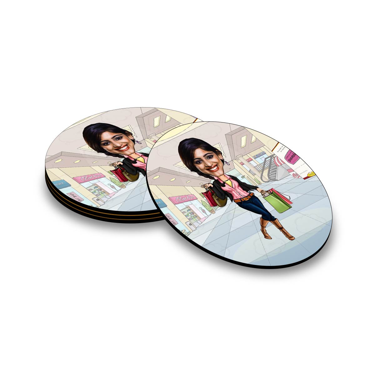 Personalised Shopoholic Caricature Coasters - Set of 4