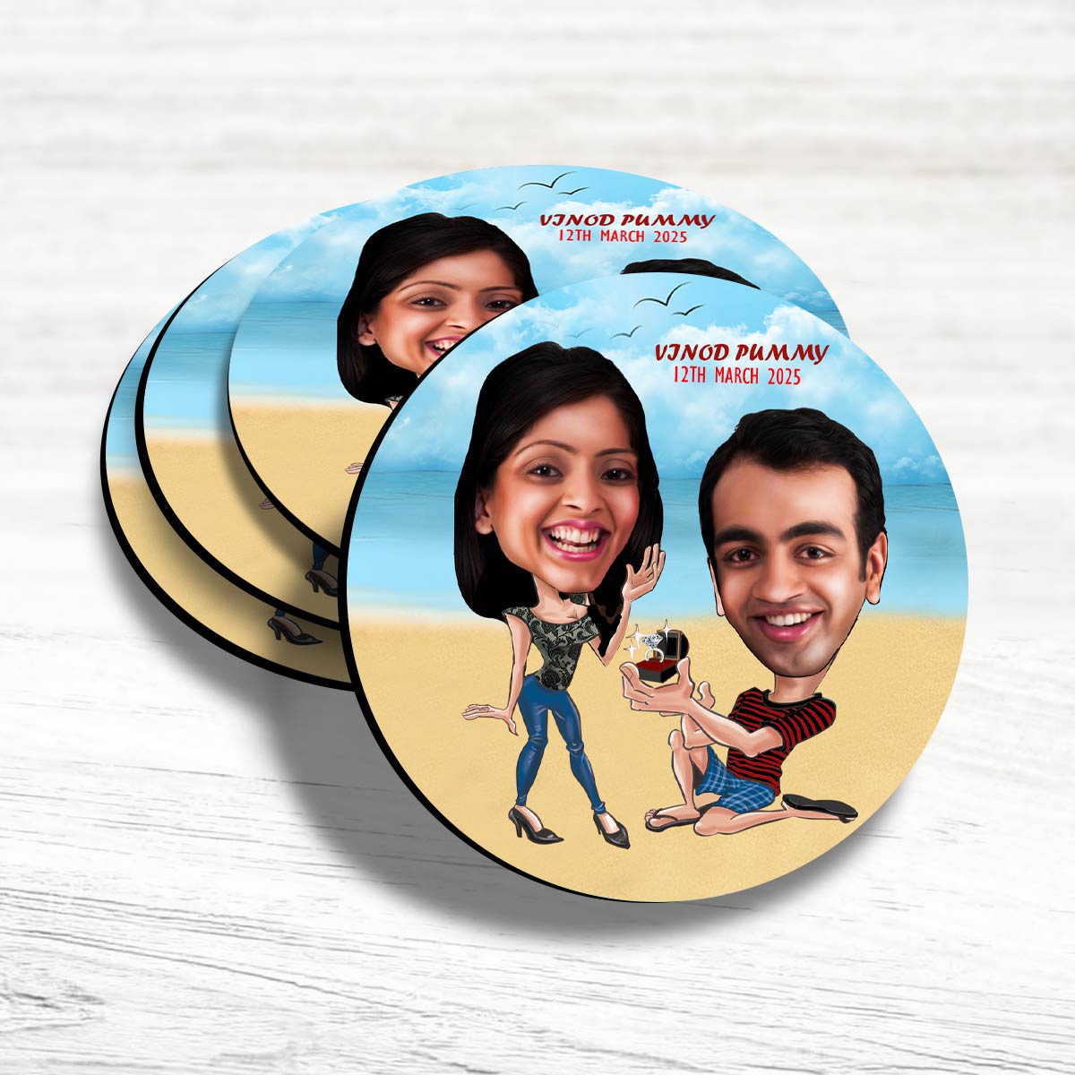 Personalised Proposal Caricature Coasters - Set of 4