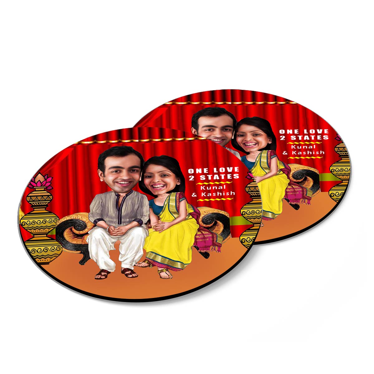 Personalised 2 States Caricature Coasters - Set of 4