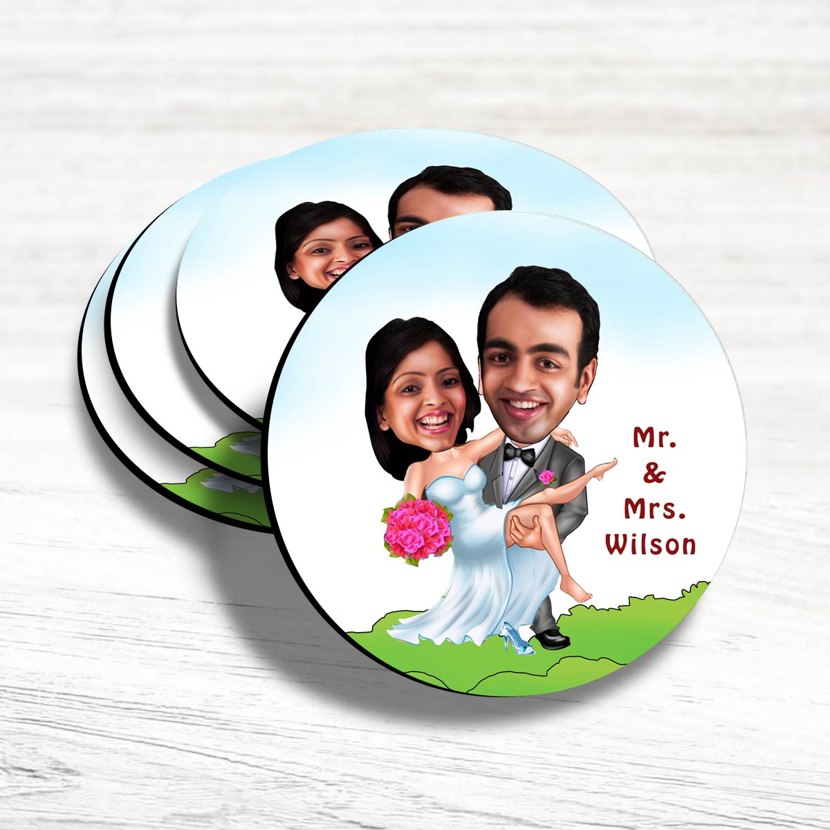 Personalised Mr & Mrs Caricature Coasters - Set of 4