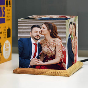 Personalised Cubelit Mini Photo Table Lamp With Wooden Base