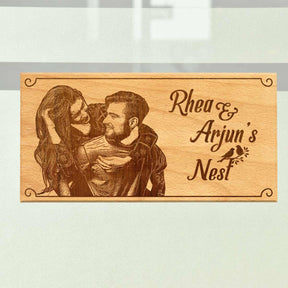 Wooden Engraved Couple Nest Name Plate for Home
