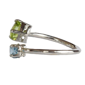 Enchanting Elegance: Trillion Green Peridot & Blue Topaz Silver Ring