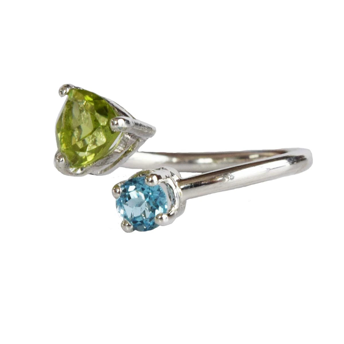 Enchanting Elegance: Trillion Green Peridot & Blue Topaz Silver Ring