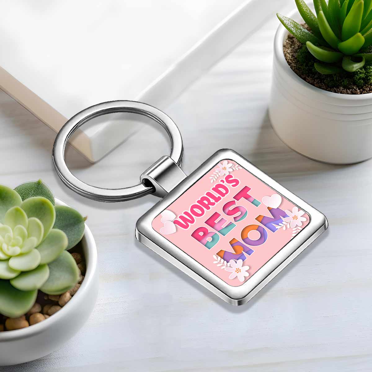 World's Best Mom Square Metal Keychain