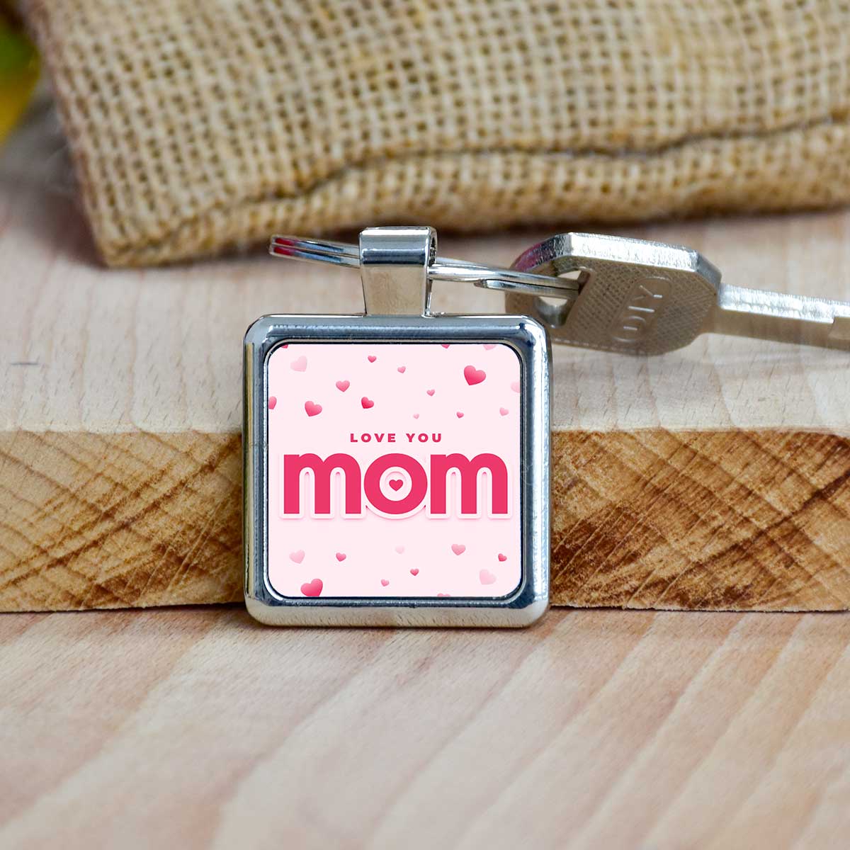 Love You Mom Square Metal Keychain Gift For Mother's Day