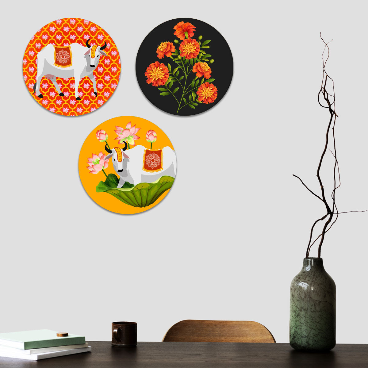 Pastoral Charm: Cow, Lotus, and Marigold Trio for Wall & Table top DŽcor-2