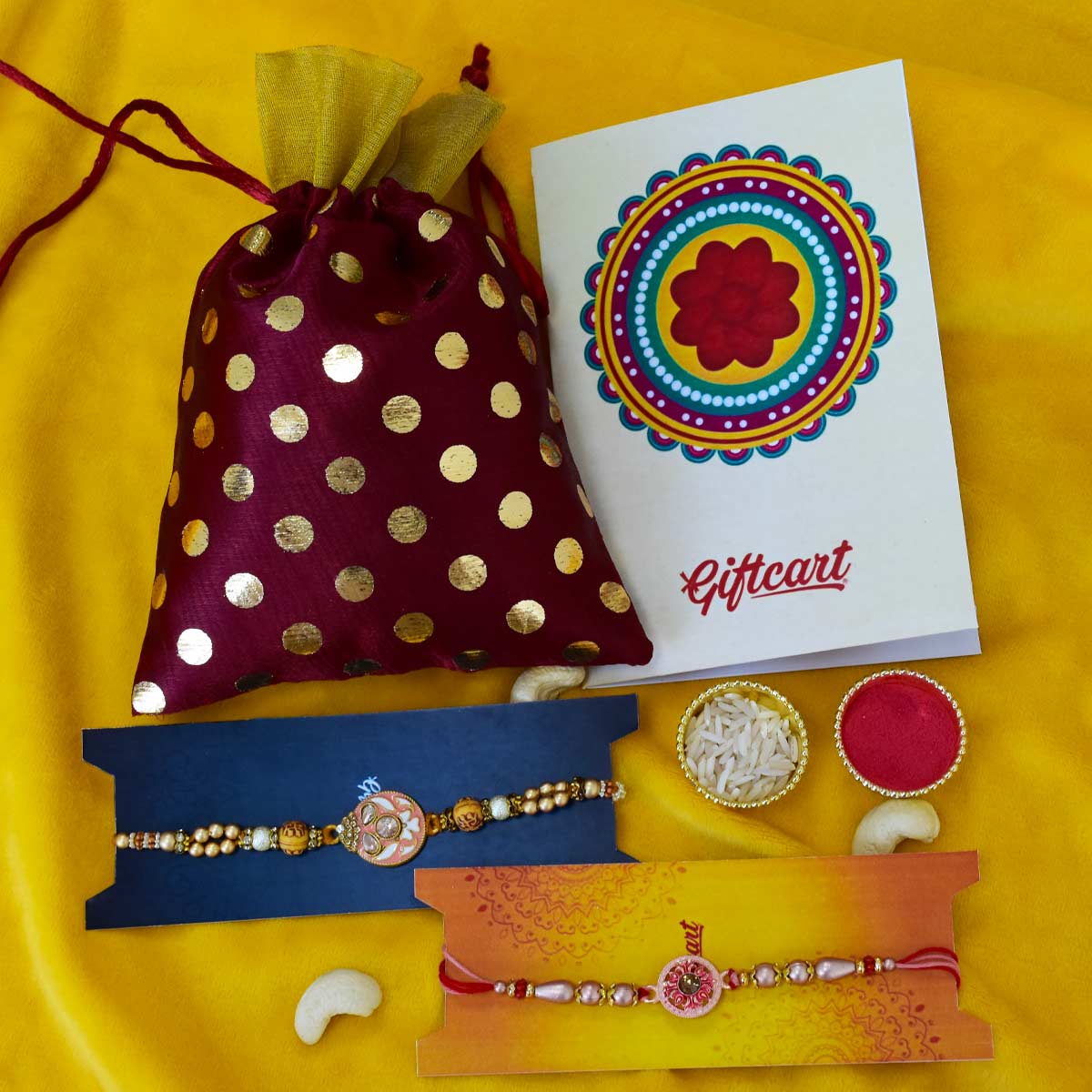 2 Rakhi Set, Cashew & Card Hamper For Raksha Bandhan