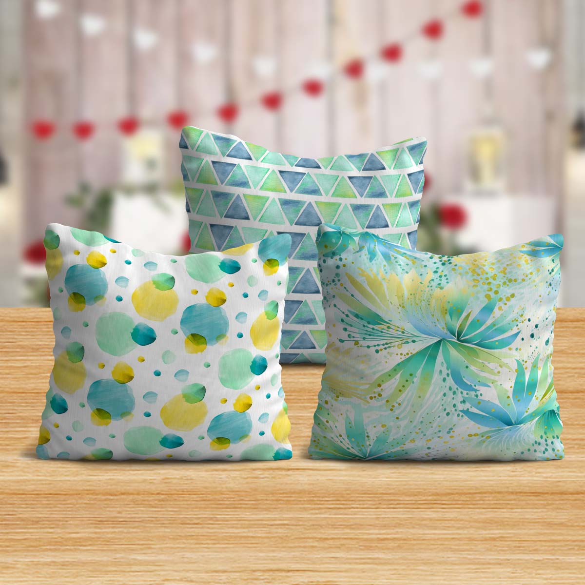 Ethereal Blue Green and Yellow Bliss Cushion (Set of 3)