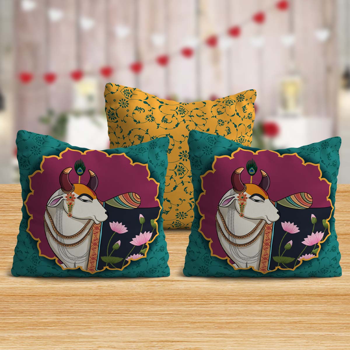 Set of 3 Printed Nandi and Flora Cushion