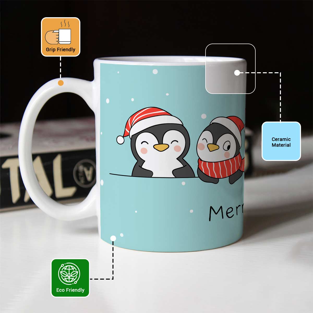 Cheerful Penguins: Merry Christmas Ceramic Mug-3