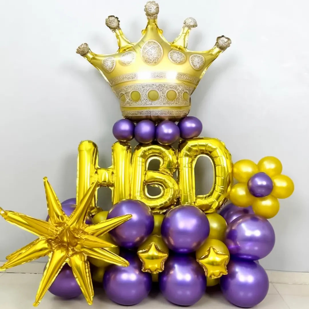 Purple And Golden Birthday Balloon Bouquet