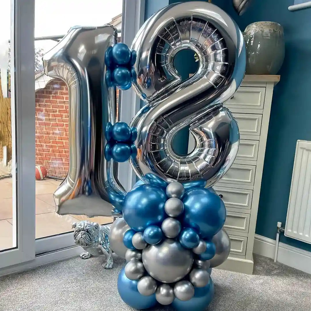 Blue Silver Birthday Balloon Bouquet