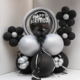 Silver Black Happy Birthday Balloon Arrangement