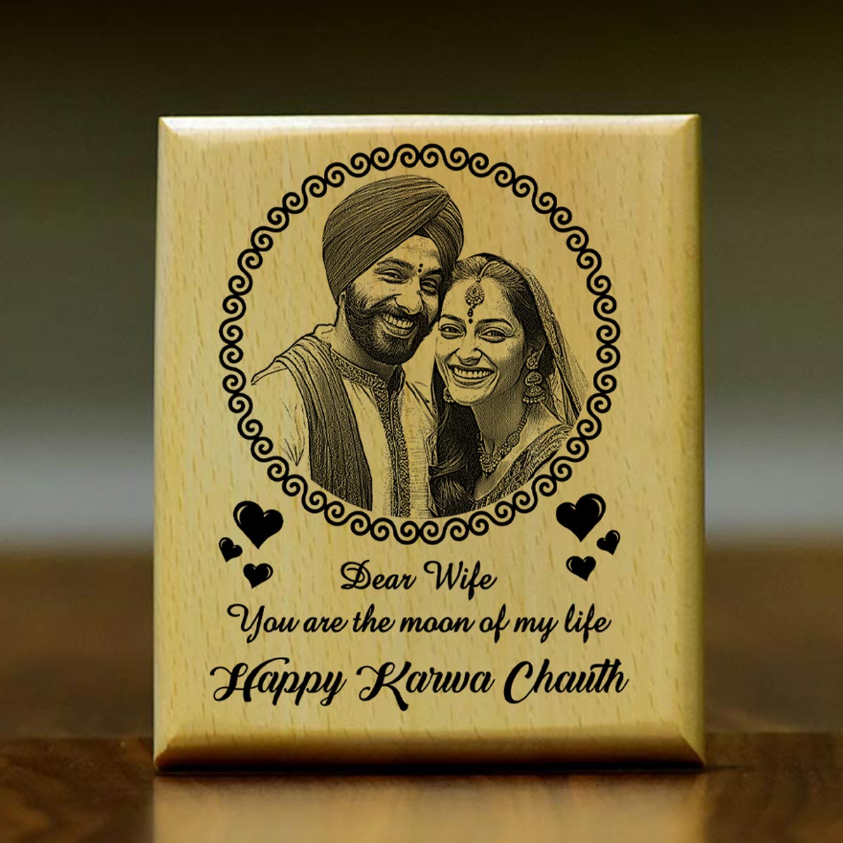 Personalized Karwa Chauth Engraved Wooden Photo Frame for Married Couple