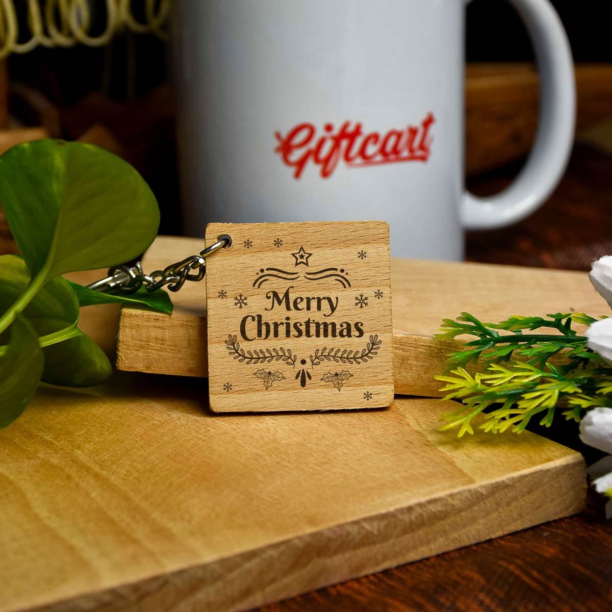 Merry Christmas Engraved Wooden Keychain