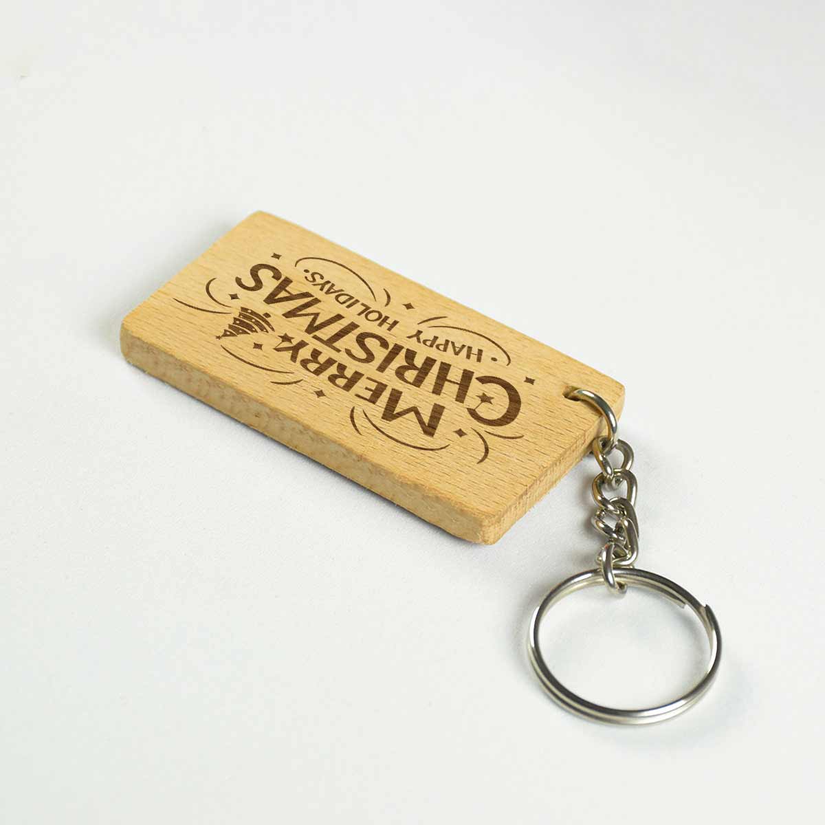 Engraved Wooden Merry Christmas Happy Holiday Keychain