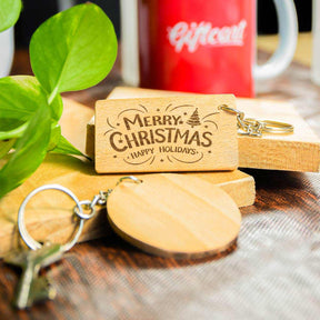 Engraved Wooden Merry Christmas Happy Holiday Keychain