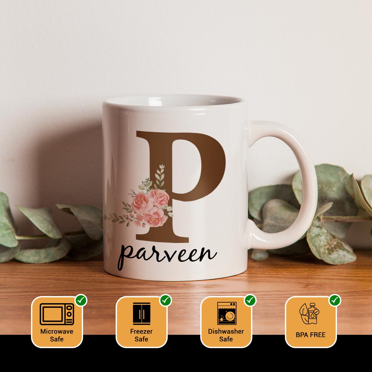 Personalized Floral Name Printed Coffee Mug for Couple