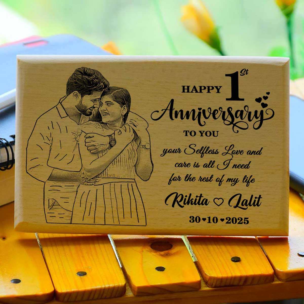 Personalized Happy 1st Anniversary Engraved Wooden Photo Frame for Married Couple