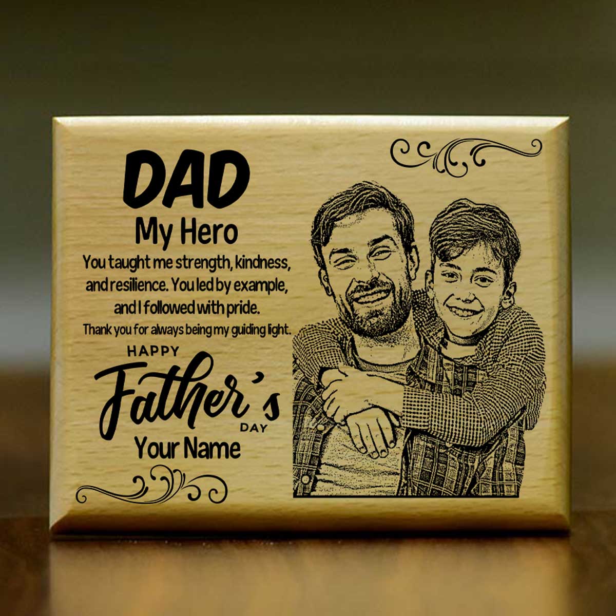 Personalized Dad My Hero Engraved Wooden Photo Frame Gift for Father's Day