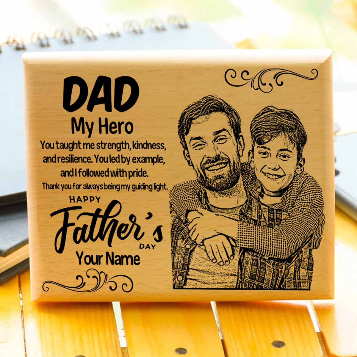 Personalized Dad My Hero Engraved Wooden Photo Frame Gift for Father's Day