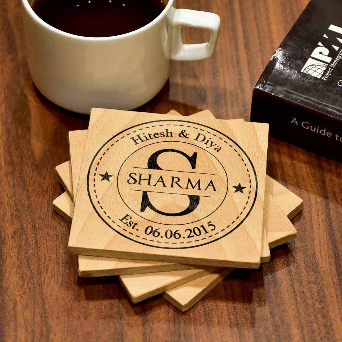 Name Personalised Set of 4 Engraved Wooden Coasters