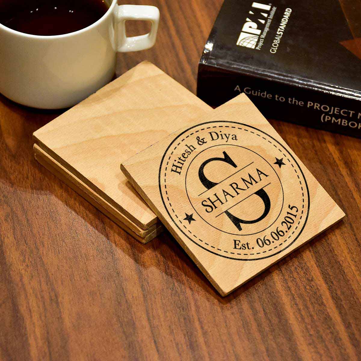 Name Personalised Set of 4 Engraved Wooden Coasters