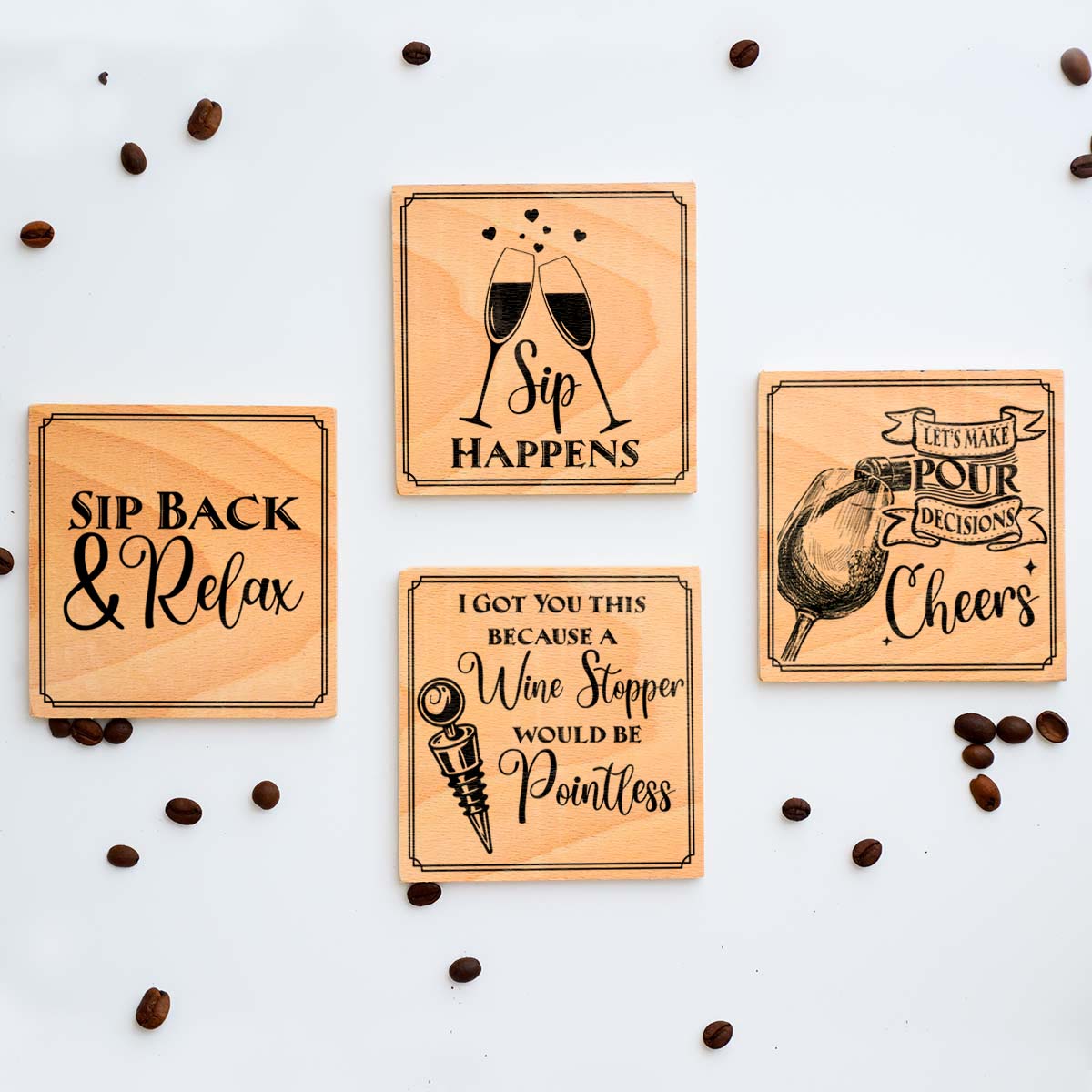 Sip Happens Set of 4  Wood Engraved Coasters