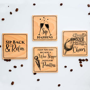 Sip Happens Set of 4  Wood Engraved Coasters