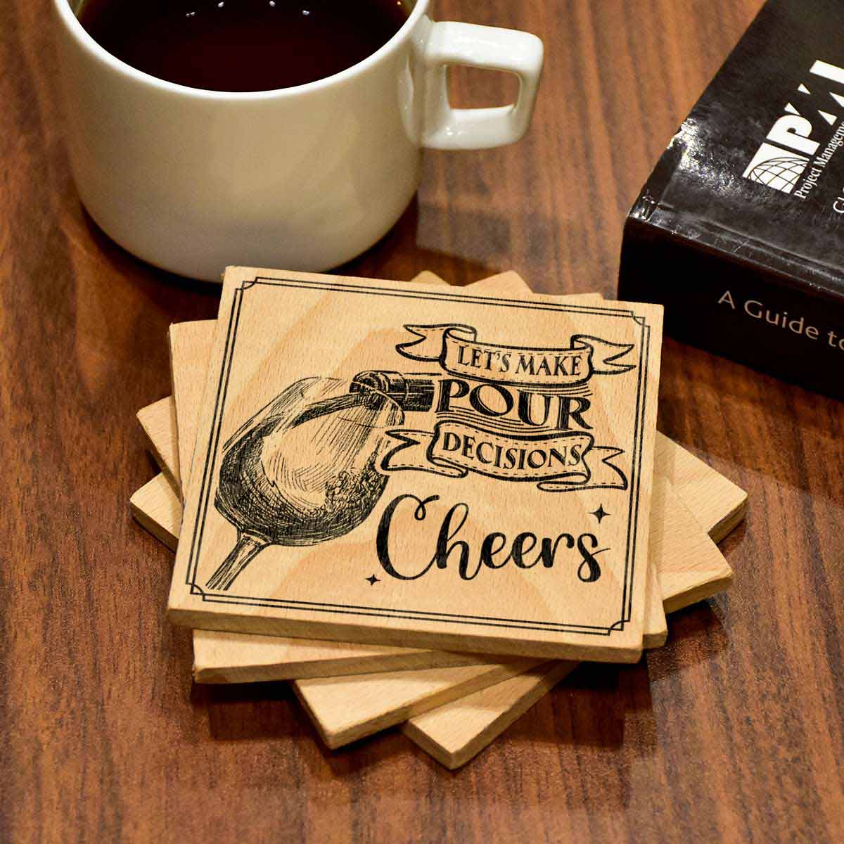 Sip Happens Set of 4  Wood Engraved Coasters