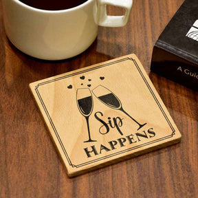 Sip Happens Set of 4  Wood Engraved Coasters