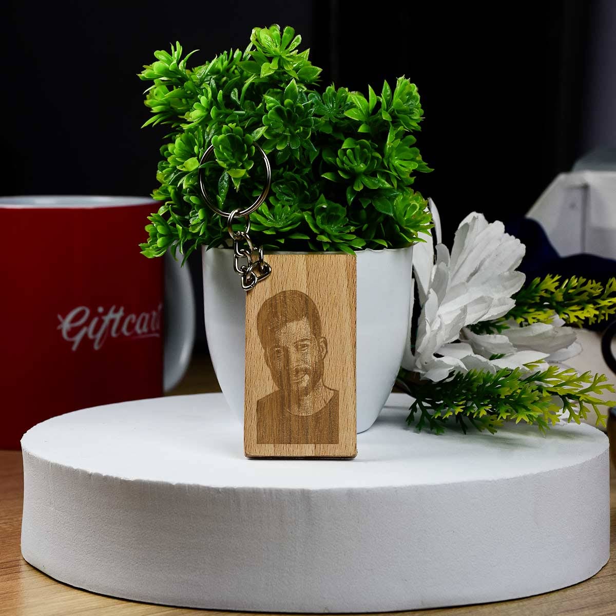 Rectangular Engraved Wooden Photo Keychain