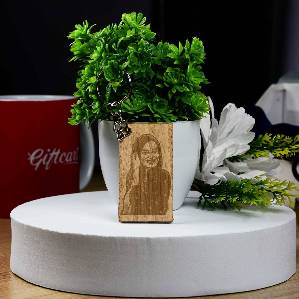 Rectangular Engraved Wooden Photo Keychain