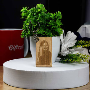 Rectangular Engraved Wooden Photo Keychain