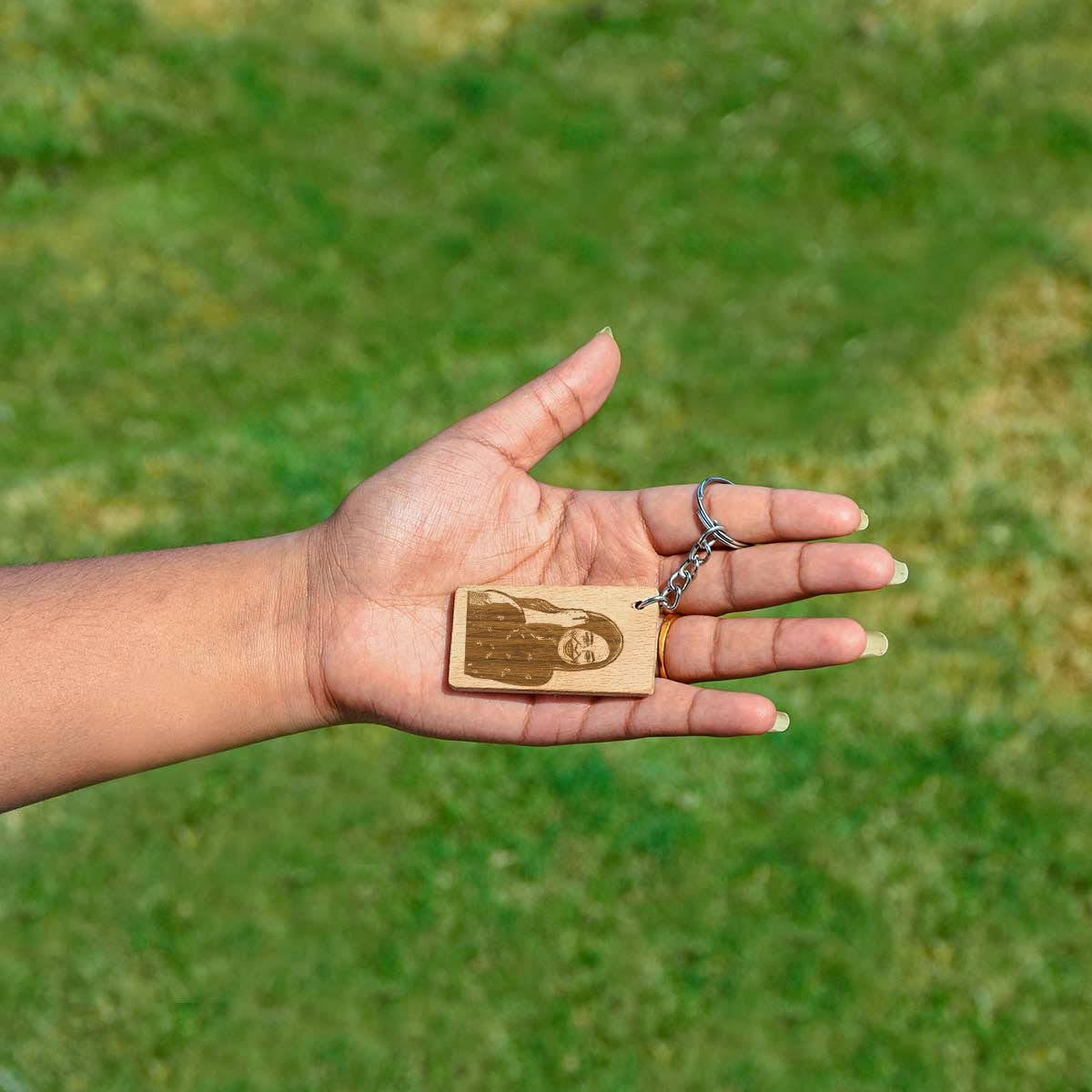 Rectangular Engraved Wooden Photo Keychain