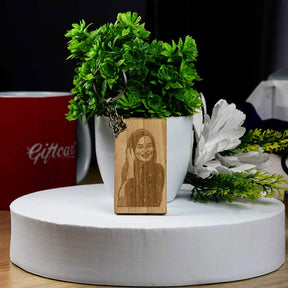 Rectangular Engraved Wooden Personalised Men Photo Keychain