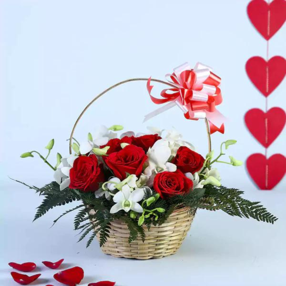 Elegant White and Red Roses Basket