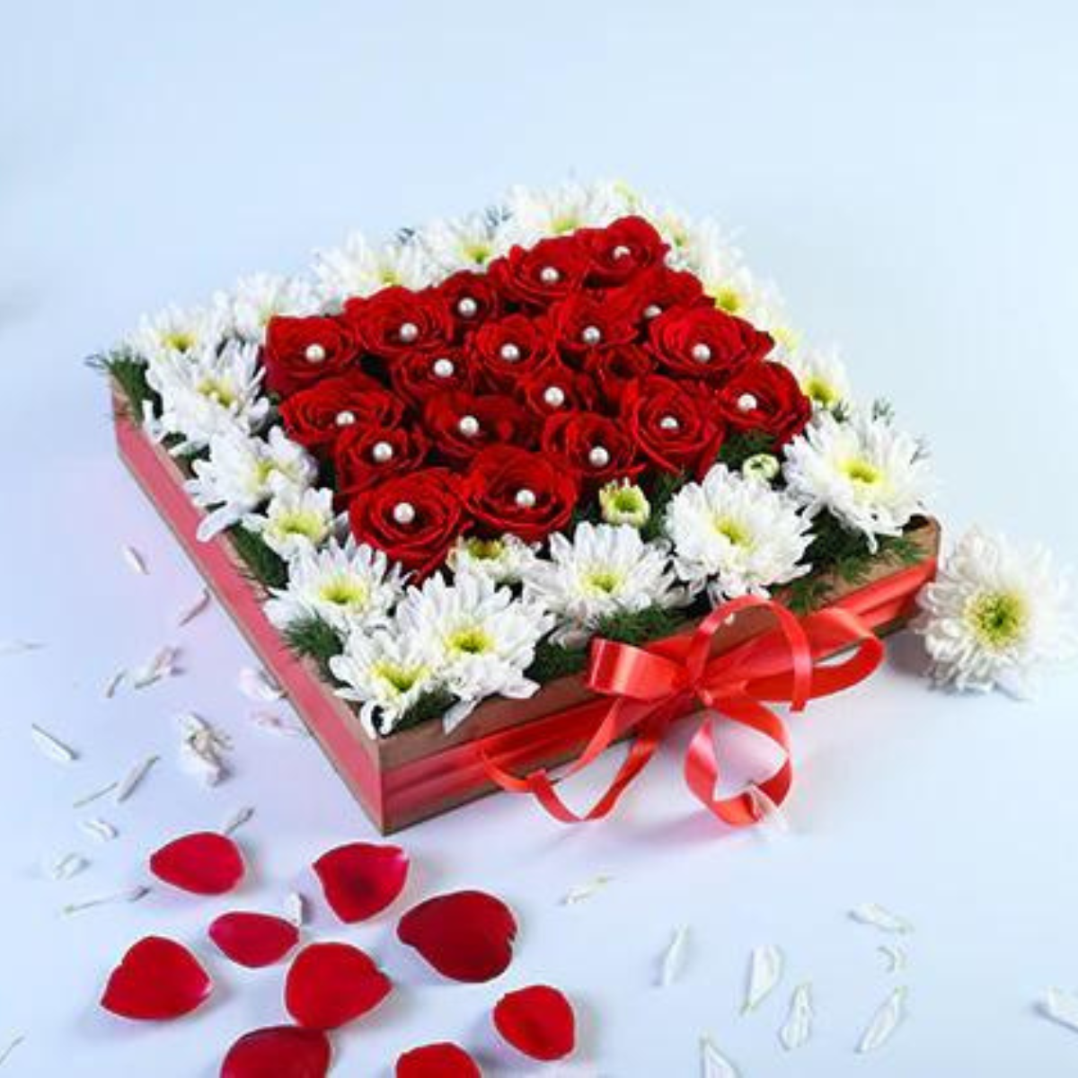Roses and Daisy Red Rectangular Box