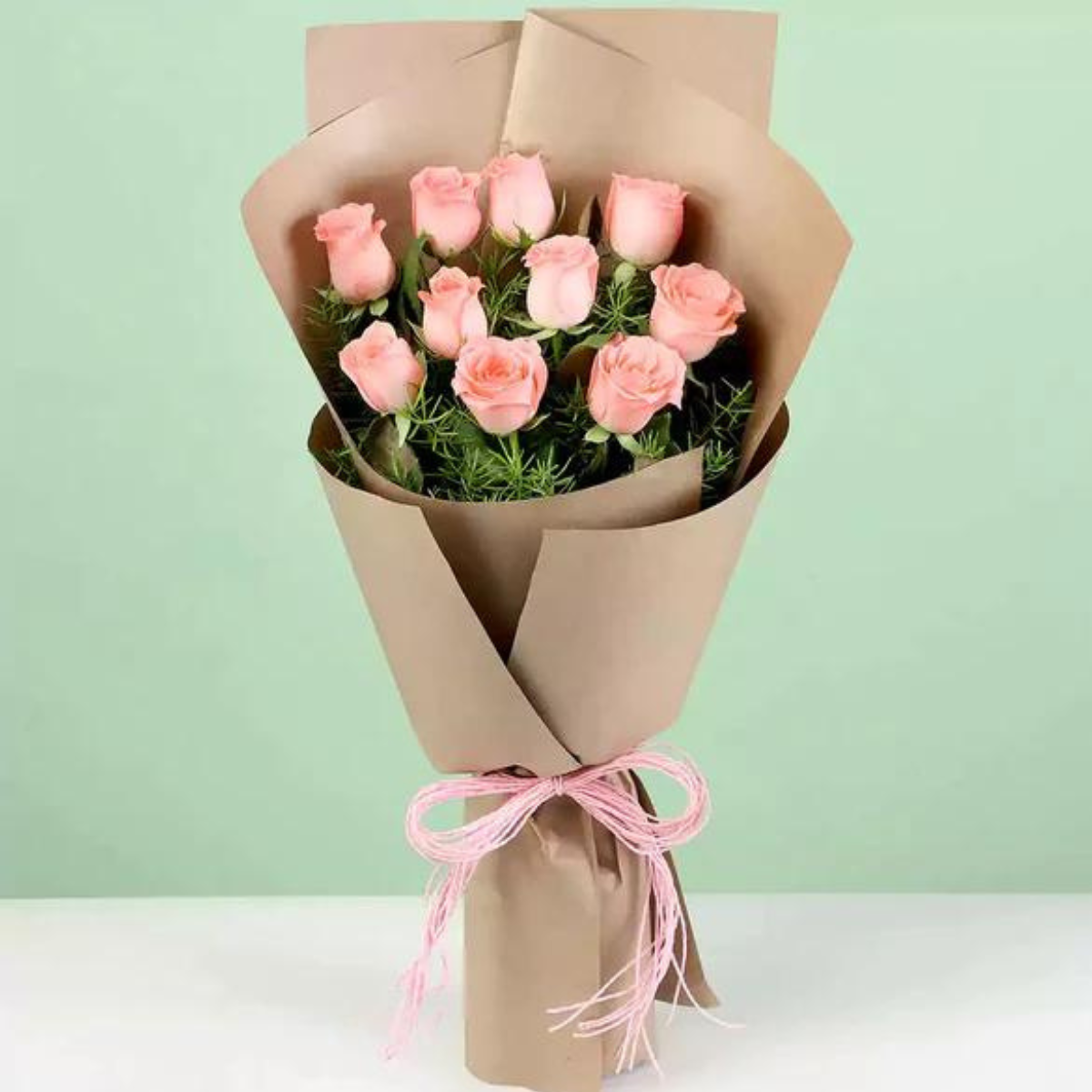 10 Pink Roses In Brown Paper