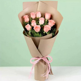 10 Pink Roses In Brown Paper